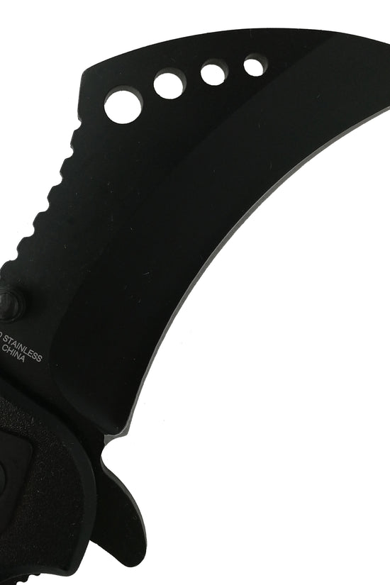 Falcon spring assisted karambit knife with black curved stainless steel blade and ergonomic handle