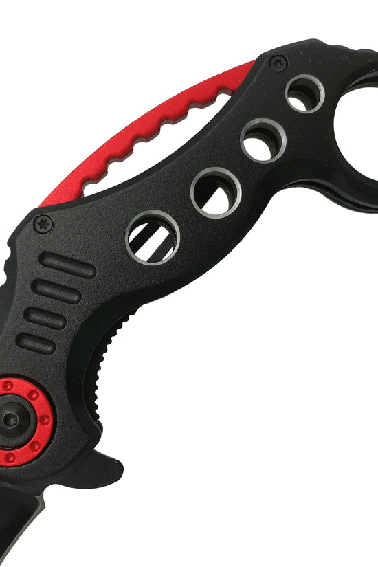 Falcon spring assisted karambit knife with black handle and red accents pocket knife