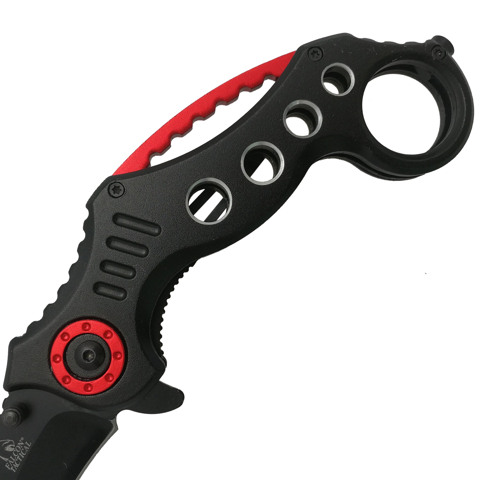 Falcon spring assisted karambit knife with black handle and red accents pocket knife