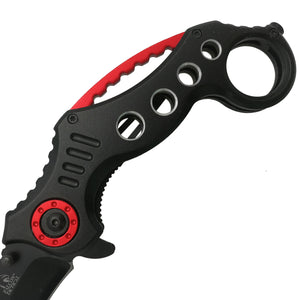 Falcon spring assisted karambit knife with black handle and red accents pocket knife