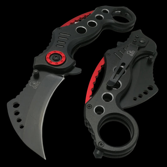 Falcon spring assisted karambit knife with black and red handle featuring ergonomic grip and curved blade