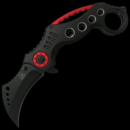 Falcon spring assisted karambit knife with black curved blade and black red perforated handle