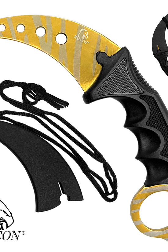 Falcon trainer karambit knife with gold and black blade, ergonomic handle, sheath, and lanyard