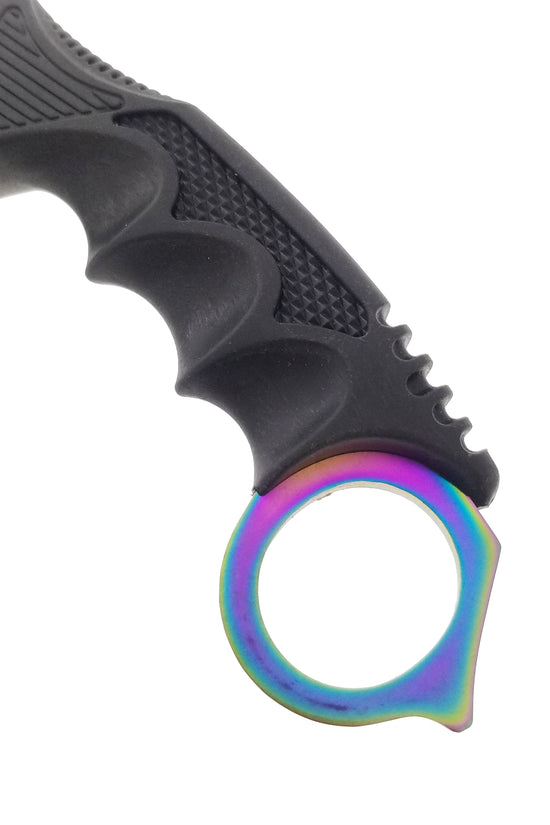 Falcon trainer knife with black ergonomic handle and rainbow ring for training karambit for beginners