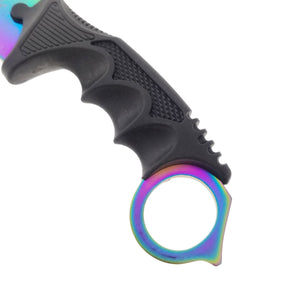 Falcon trainer knife with black ergonomic handle and rainbow ring for training karambit for beginners