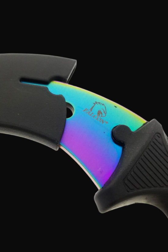 Falcon training karambit for beginners with rainbow blade and black ergonomic handle