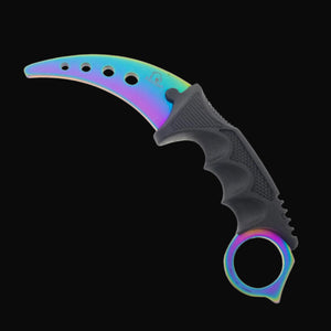 Falcon trainer knife with curved rainbow blade and black ergonomic handle training karambit for beginners