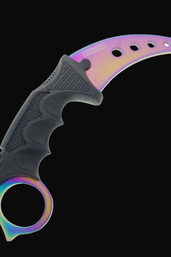 Falcon trainer knife with curved iridescent blade and black grip ideal as training karambit for beginners