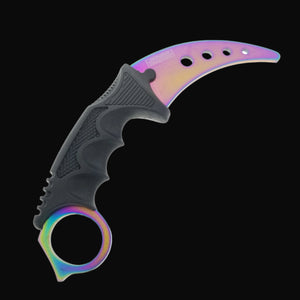 Falcon trainer knife with curved iridescent blade and black grip ideal as training karambit for beginners