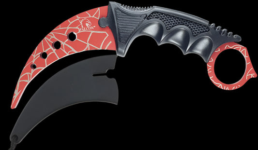Falcon training karambit knife for self defense with red curved blade and black ergonomic handle