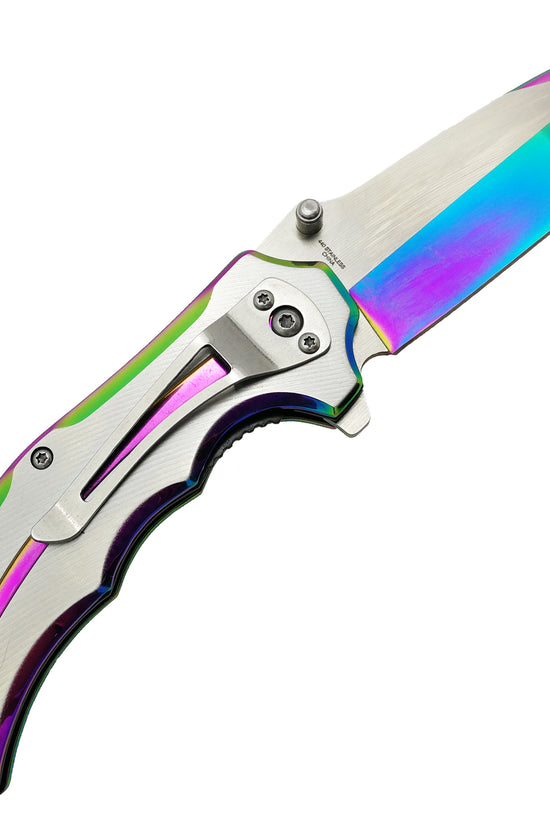 Falcon Two Tones Silver & Rainbow Spring Assisted Pocket Knife with sleek design and durable blade