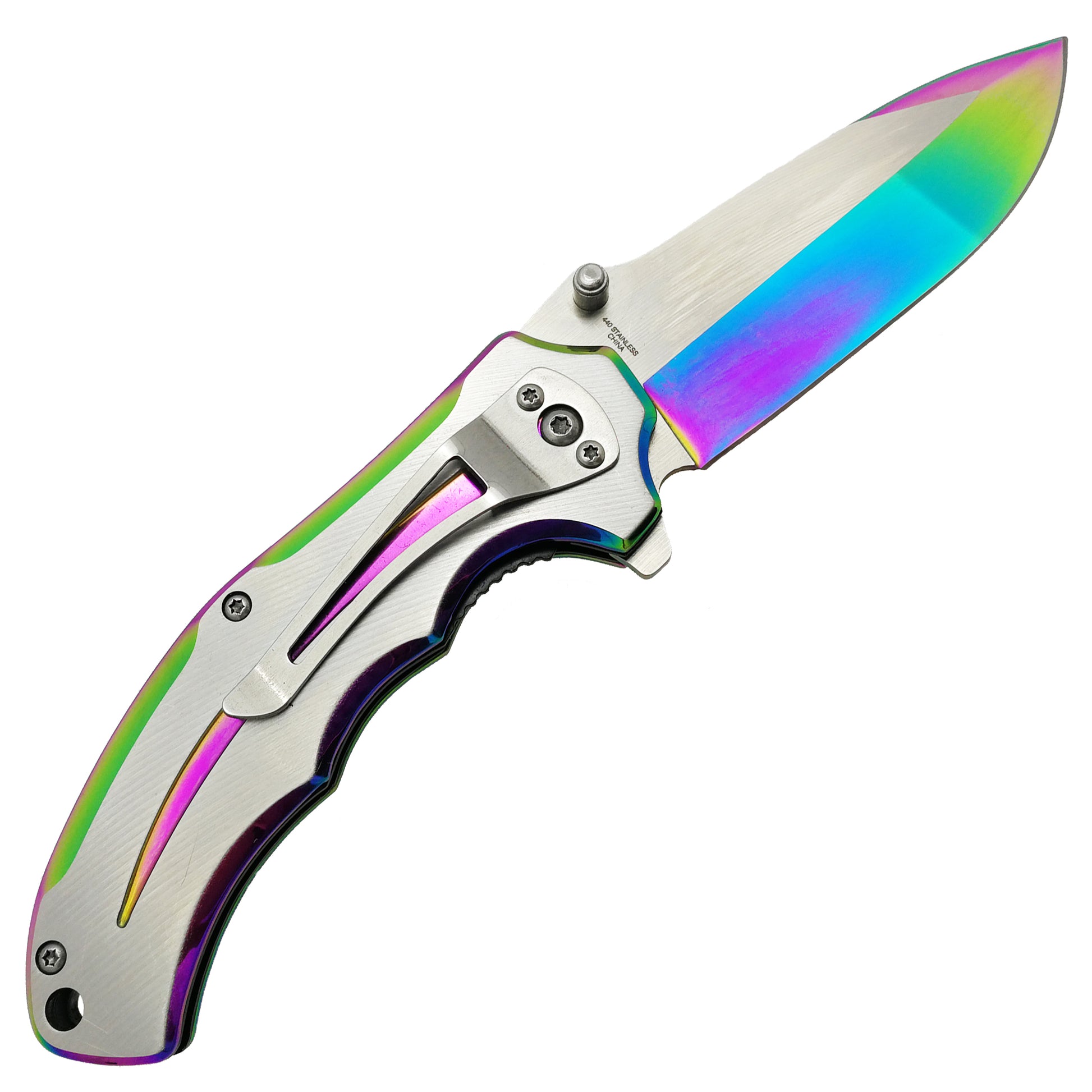 Falcon Two Tones Silver & Rainbow Spring Assisted Pocket Knife with sleek design and durable blade
