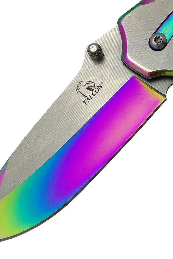Falcon Two Tones Silver & Rainbow Metal Handle Spring Assisted Pocket Knife with Colorful Blade
