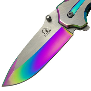 Falcon Two Tones Silver & Rainbow Metal Handle Spring Assisted Pocket Knife with Colorful Blade
