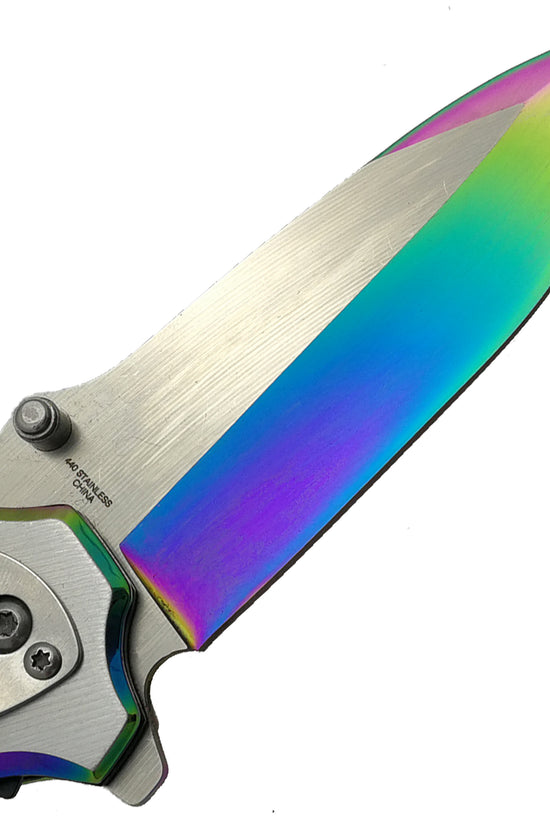Falcon Two Tones Silver & Rainbow Spring Assisted Pocket Knife with a sleek blade design