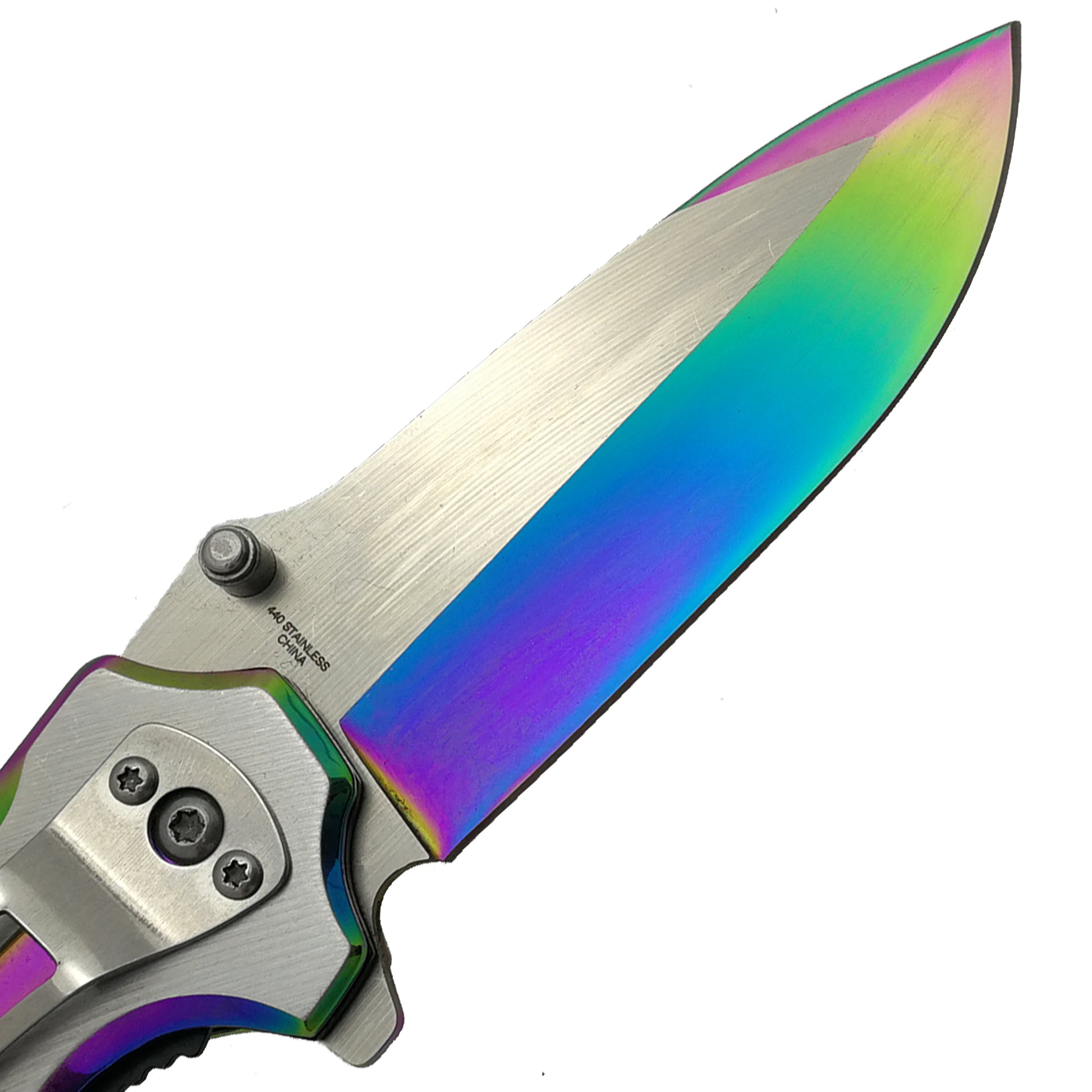 Falcon Two Tones Silver & Rainbow Spring Assisted Pocket Knife with a sleek blade design