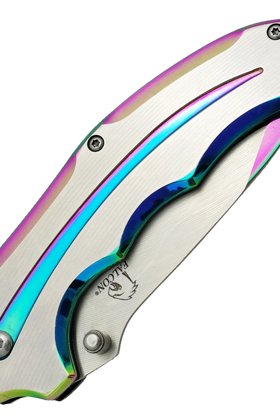 Falcon Two Tones Silver & Rainbow Metal Handle Spring Assisted Pocket Knife for easy one-handed use