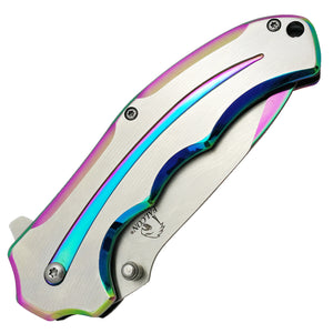 Falcon Two Tones Silver & Rainbow Metal Handle Spring Assisted Pocket Knife for easy one-handed use