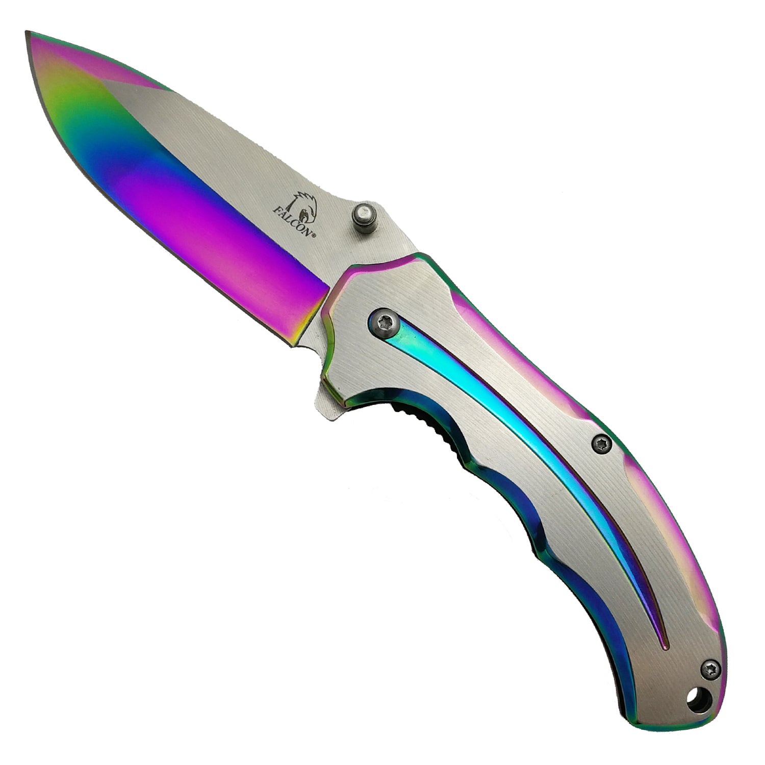 Falcon Two Tones Silver & Rainbow Spring Assisted Pocket Knife with a sleek design and vibrant colors