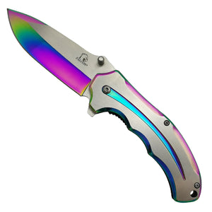 Falcon Two Tones Silver & Rainbow Spring Assisted Pocket Knife with a sleek design and vibrant colors