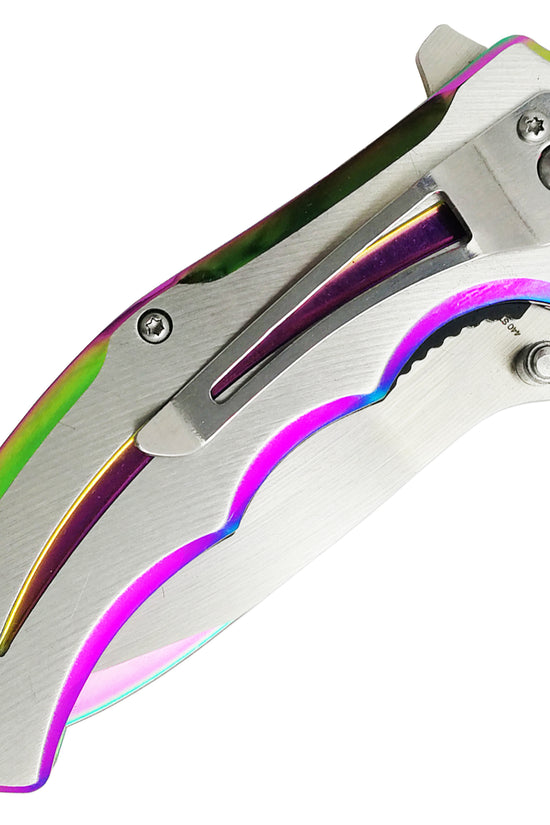 Falcon Two Tones Silver & Rainbow Spring Assisted Pocket Knife with sleek design and colorful finish