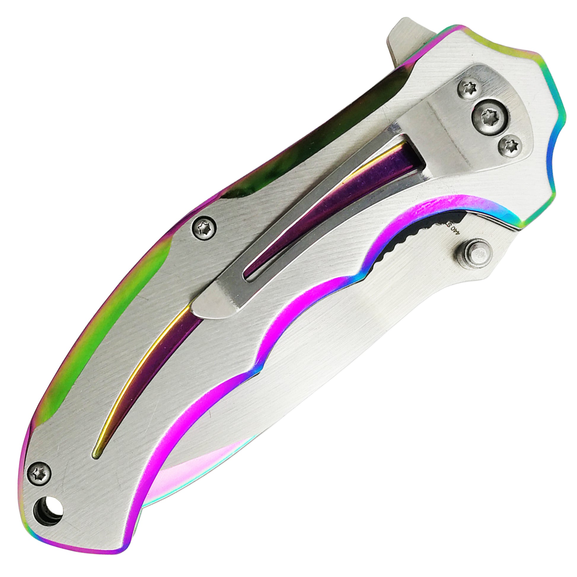 Falcon Two Tones Silver & Rainbow Spring Assisted Pocket Knife with sleek design and colorful finish