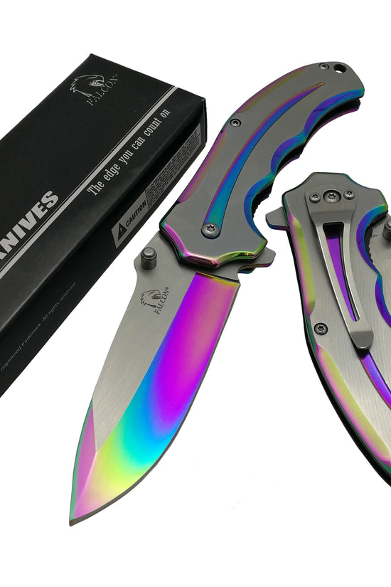 Falcon Two Tones Silver & Rainbow Metal Handle Spring Assisted Pocket Knife with sleek design and sharp blade