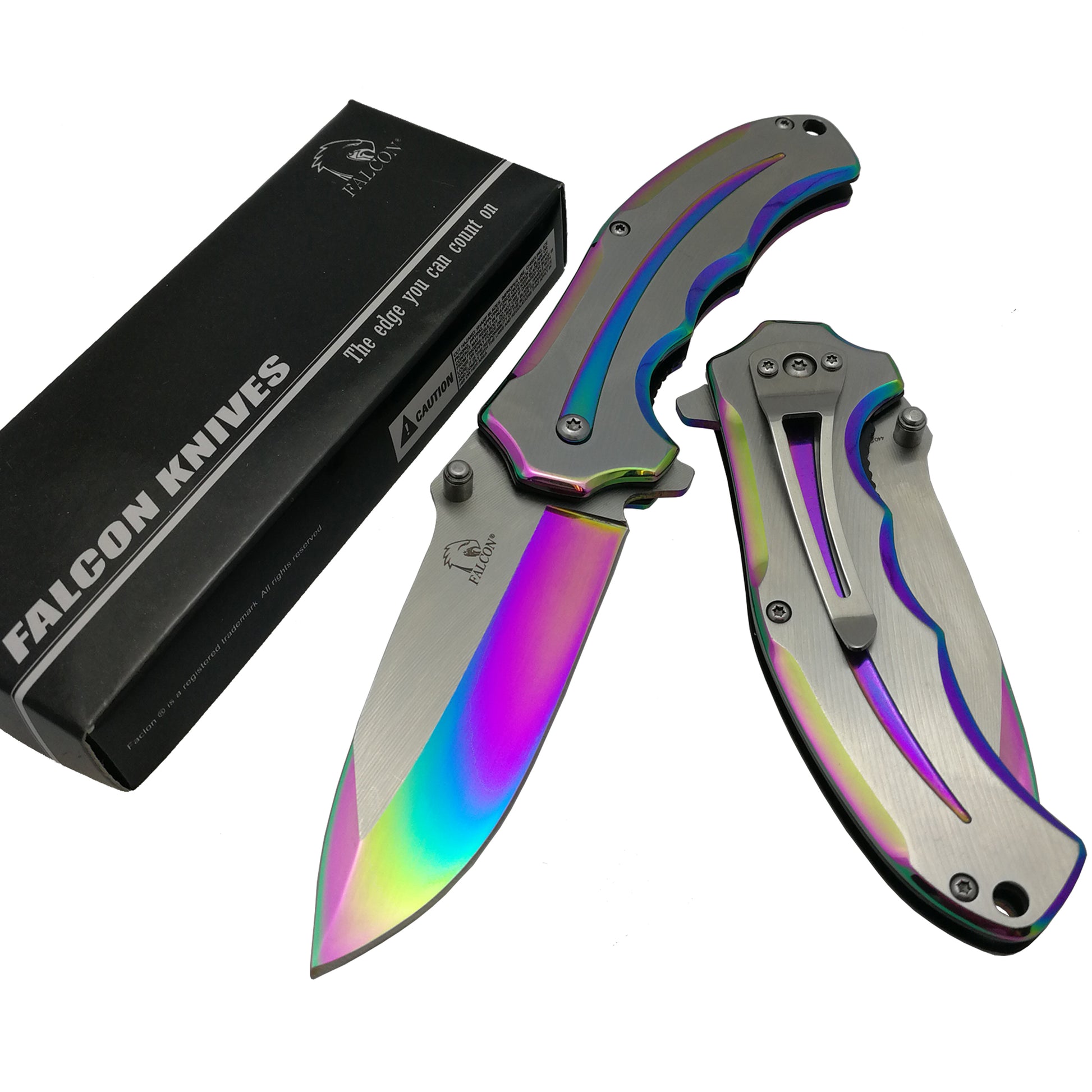 Falcon Two Tones Silver & Rainbow Metal Handle Spring Assisted Pocket Knife with sleek design and sharp blade
