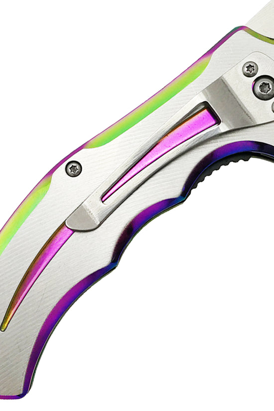 Falcon Two Tones Silver & Rainbow Metal Handle Spring Assisted Pocket Knife for Easy Access
