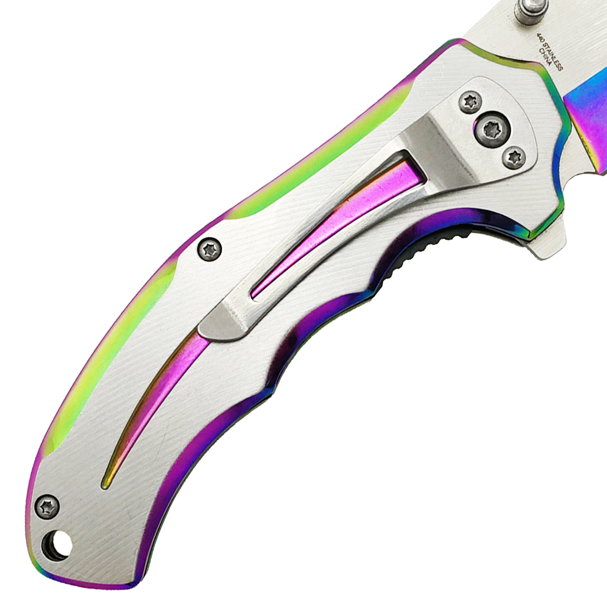 Falcon Two Tones Silver & Rainbow Metal Handle Spring Assisted Pocket Knife for Easy Access