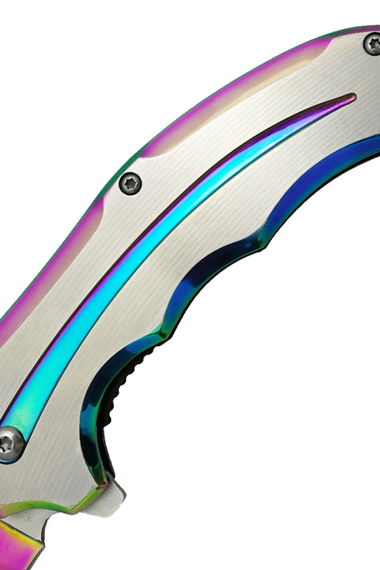 Falcon Two Tones Silver & Rainbow Metal Handle Spring Assisted Pocket Knife for outdoor use