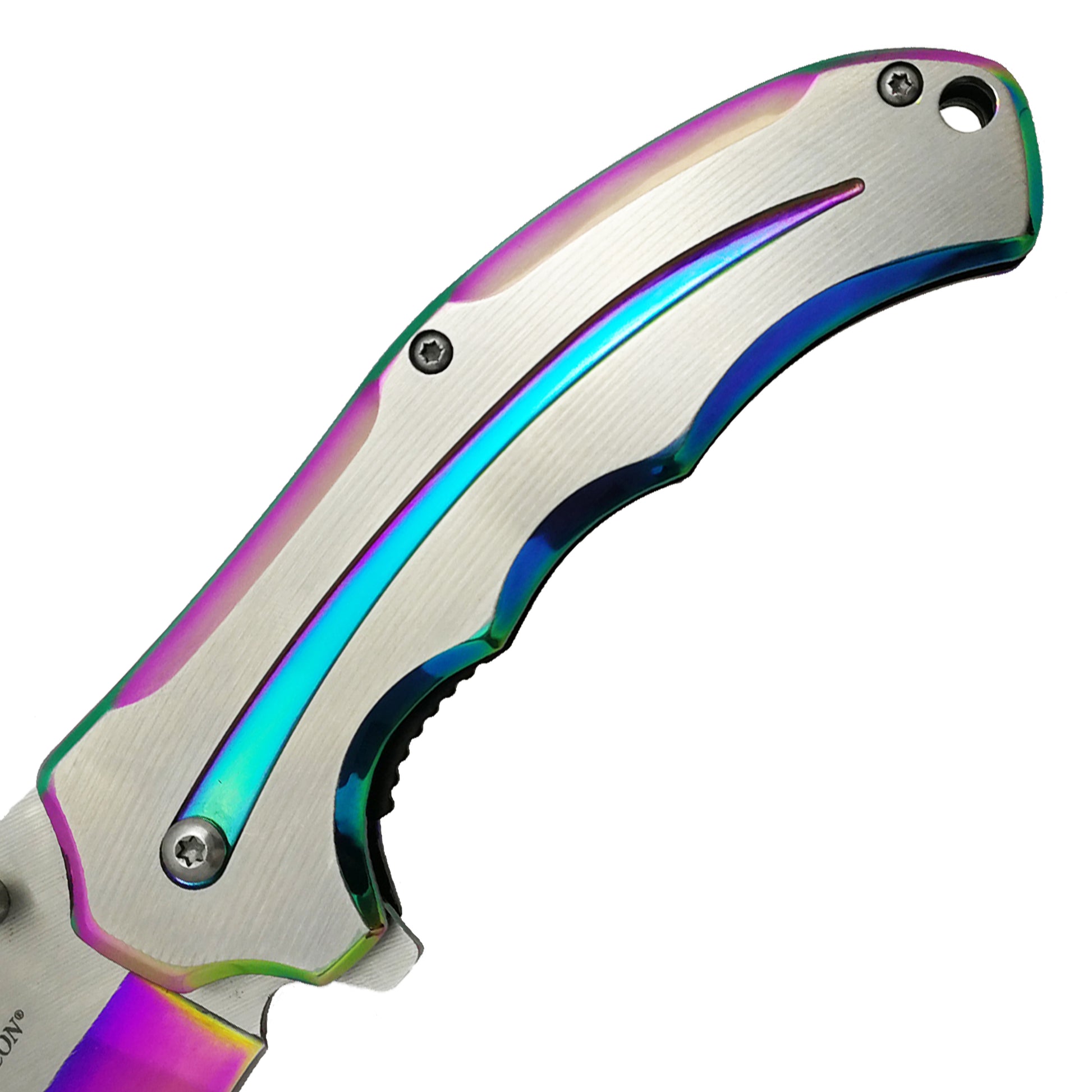 Falcon Two Tones Silver & Rainbow Metal Handle Spring Assisted Pocket Knife for outdoor use