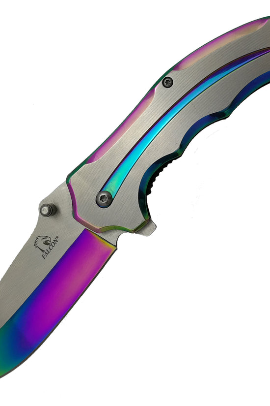 Falcon Two Tones Silver & Rainbow Spring Assisted Pocket Knife with sleek design and vibrant finish