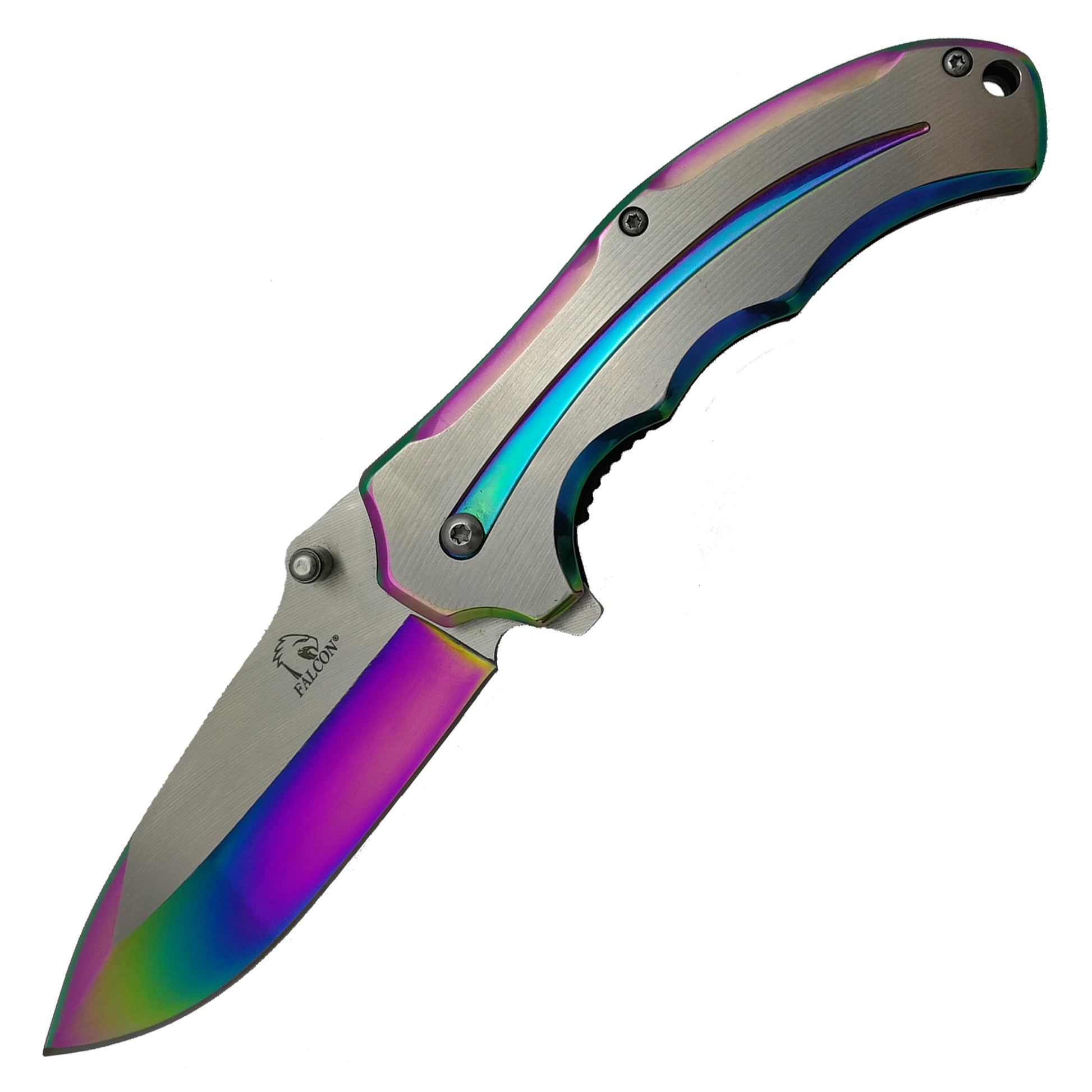 Falcon Two Tones Silver & Rainbow Spring Assisted Pocket Knife with sleek design and vibrant finish