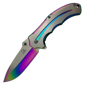 Falcon Two Tones Silver & Rainbow Spring Assisted Pocket Knife with sleek design and vibrant finish