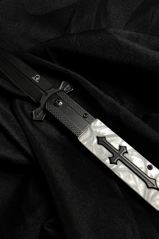 Guild Arms Falcon White Handle w Cross Spring Assisted Pocket Knife with sleek design and sharp blade