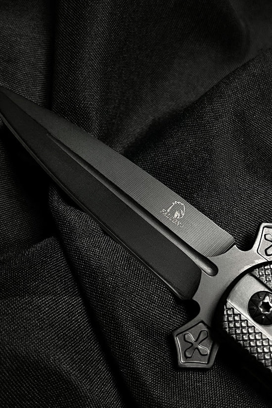 Guild Arms Falcon White Handle w Cross Spring Assisted Pocket Knife with sleek black blade and textured grip