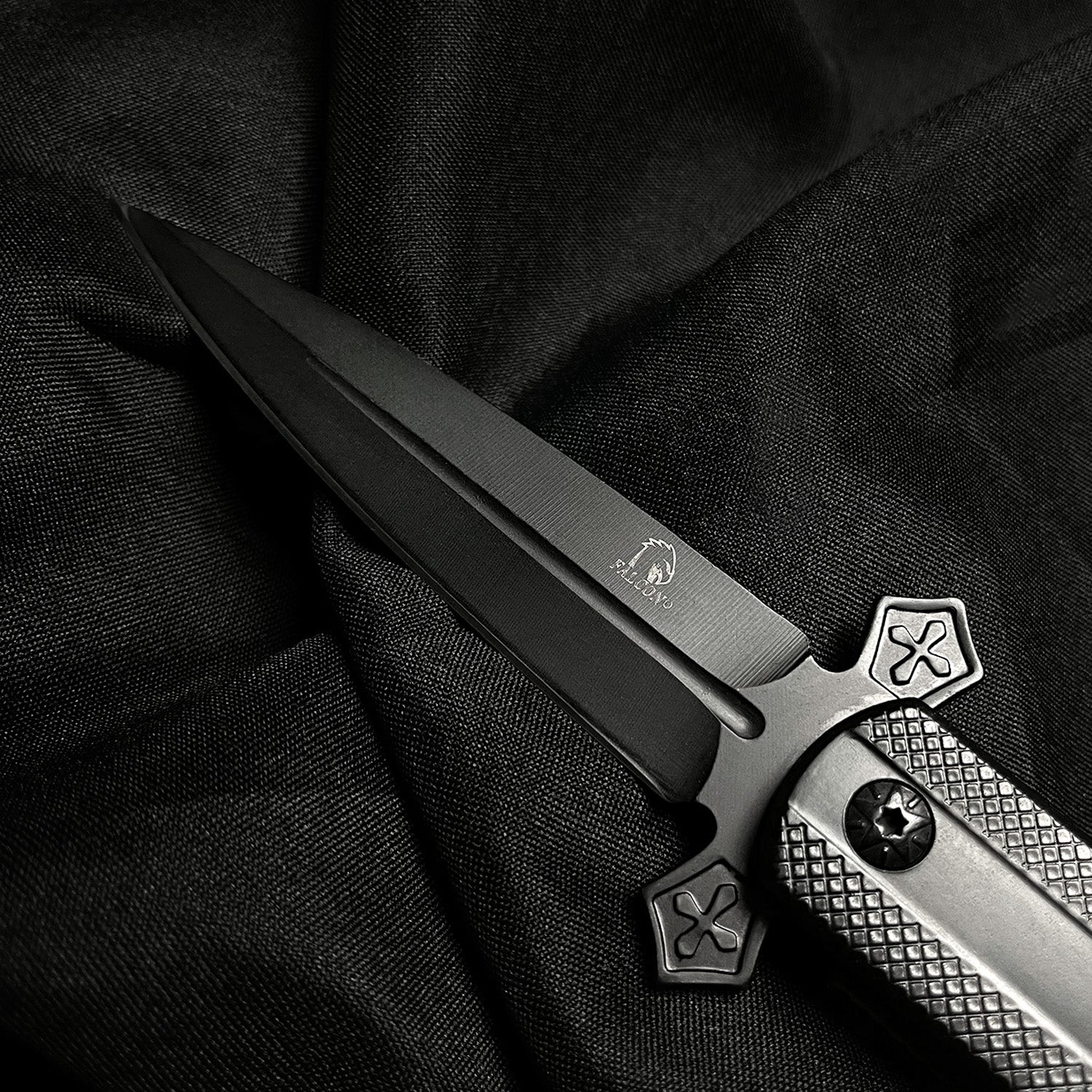 Guild Arms Falcon White Handle w Cross Spring Assisted Pocket Knife with sleek black blade and textured grip