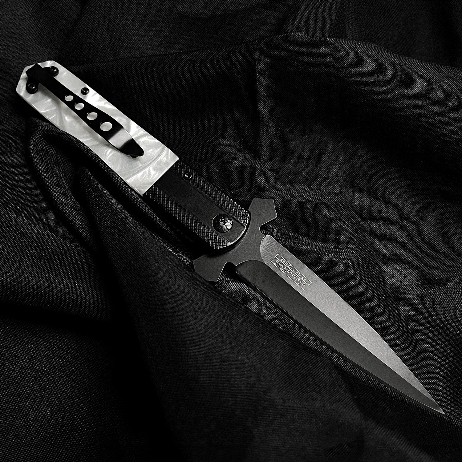 Falcon White Handle w Cross Spring Assisted Pocket Knife by Guild Arms with sleek black blade design