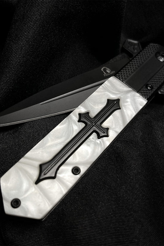 Guild Arms Falcon White Handle w Cross Spring Assisted Pocket Knife with sleek design and durable blade