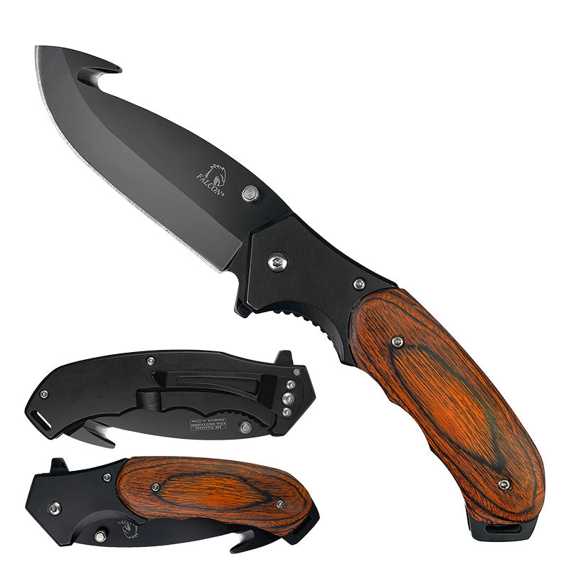 Falcon spring assisted pocket knife with black blade and brown wood handle pocket knife for everyday carry