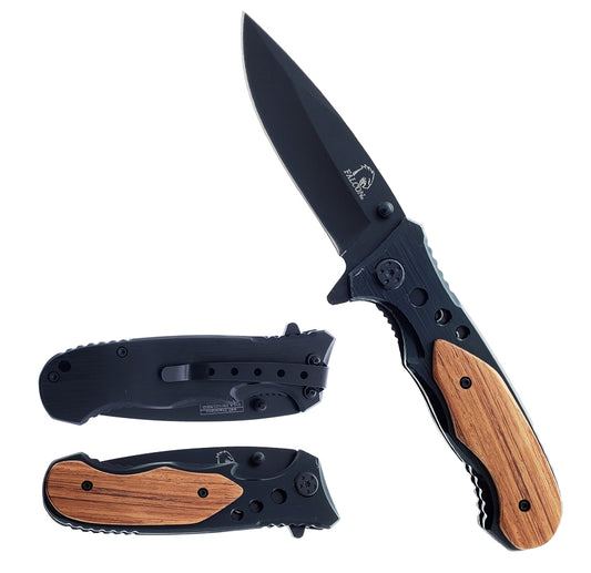 Falcon wood handle spring assisted knife with black blade and ergonomic design shown open and closed