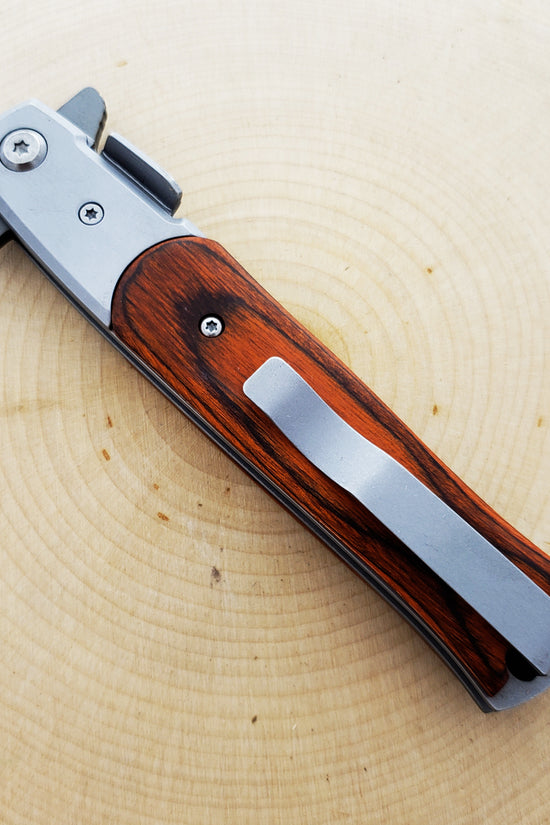 Falcon Wood Spring Assisted Pocket Knife with a sleek design and sturdy grip for everyday use