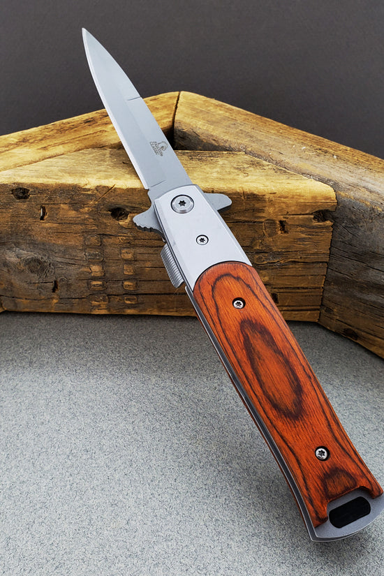Falcon Wood Spring Assisted Pocket Knife with a sleek stainless steel blade and elegant wood handle