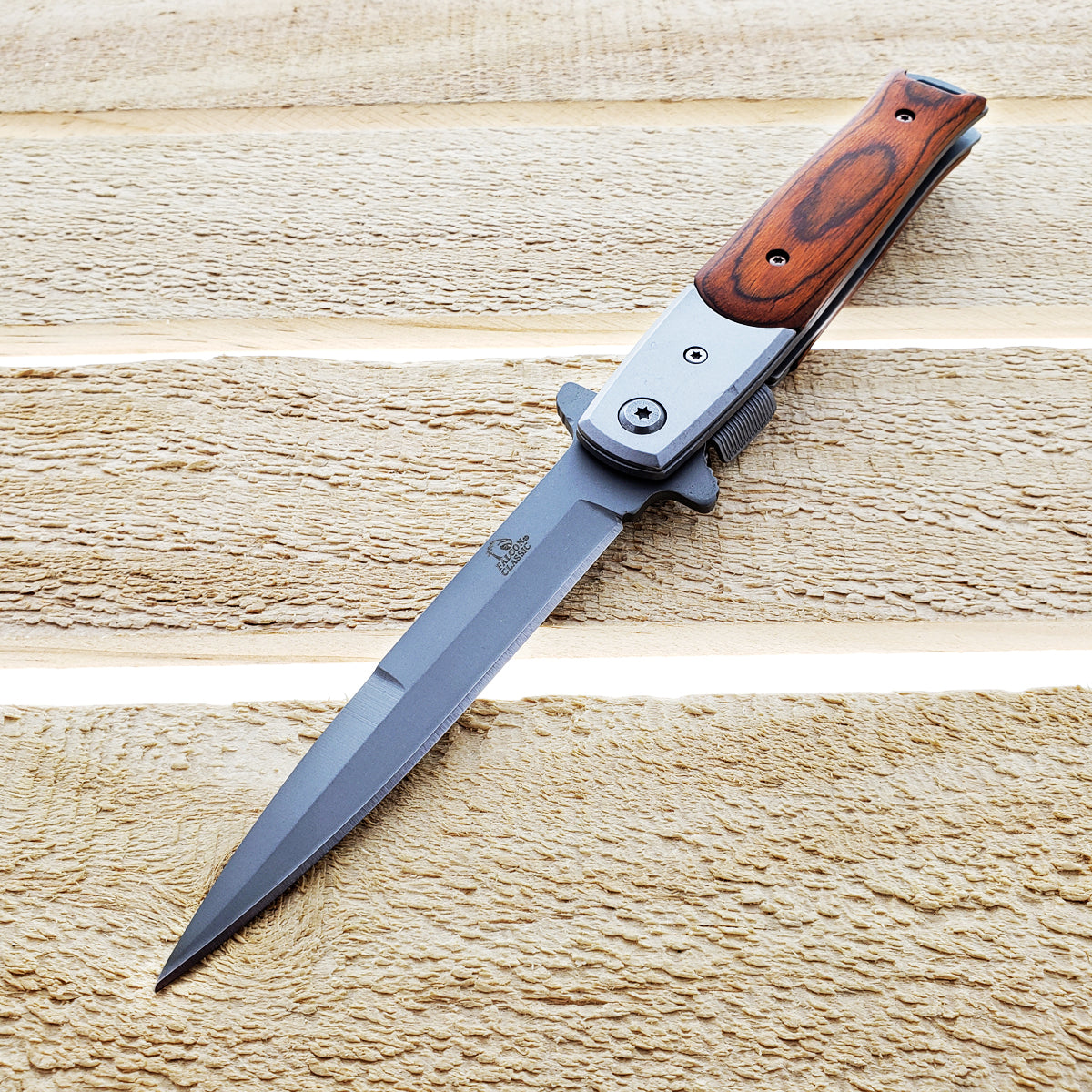 Falcon Wood Spring Assisted Pocket Knife with sleek design and durable stainless steel blade