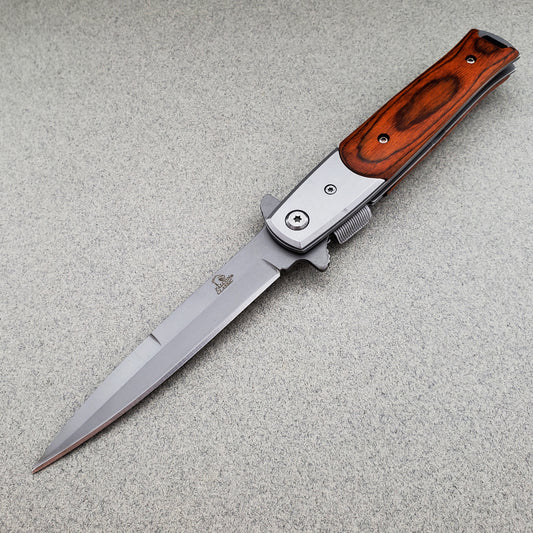 Falcon Wood Spring Assisted Pocket Knife featuring a sleek stainless steel blade and wooden handle