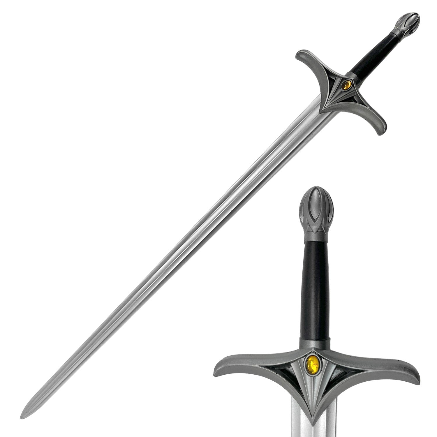 Guild Arms Fantasy Foam Power Medieval Sword with a sleek silver blade and intricate hilt design