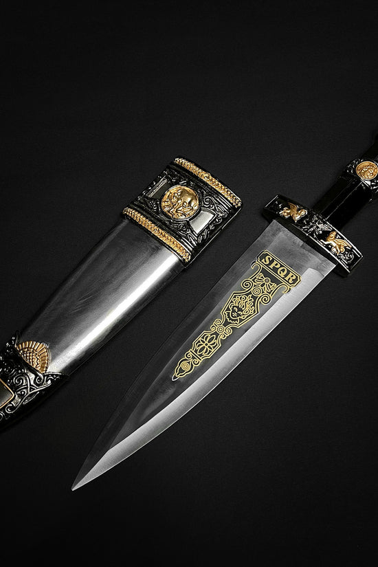 Intricately designed fantasy roman dagger for sale with ornate handle and detailed sheath