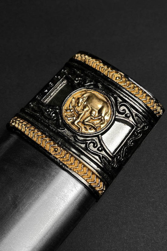 Fantasy Roman dagger for sale with ornate hilt featuring gold and intricate designs