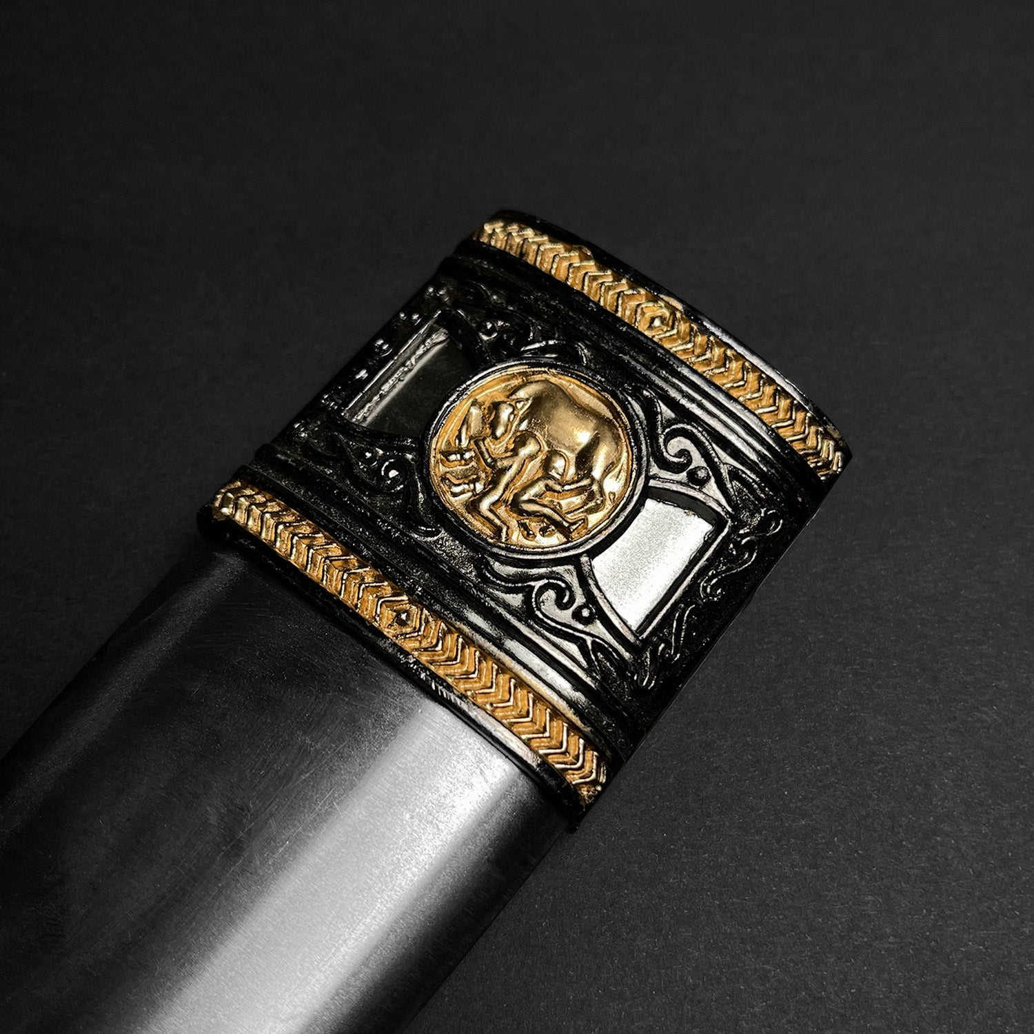Fantasy Roman dagger for sale with ornate hilt featuring gold and intricate designs